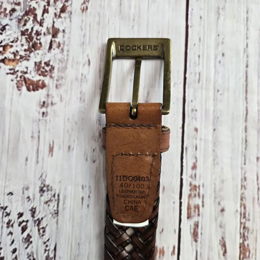 Dockers Belt Mens Sz 40 Brown Woven Leather Brass Buckle Braided Western Cowboy
